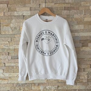Gildan White Crewneck Sweatshirt with Navy Graphic "Weenies & Martinis"